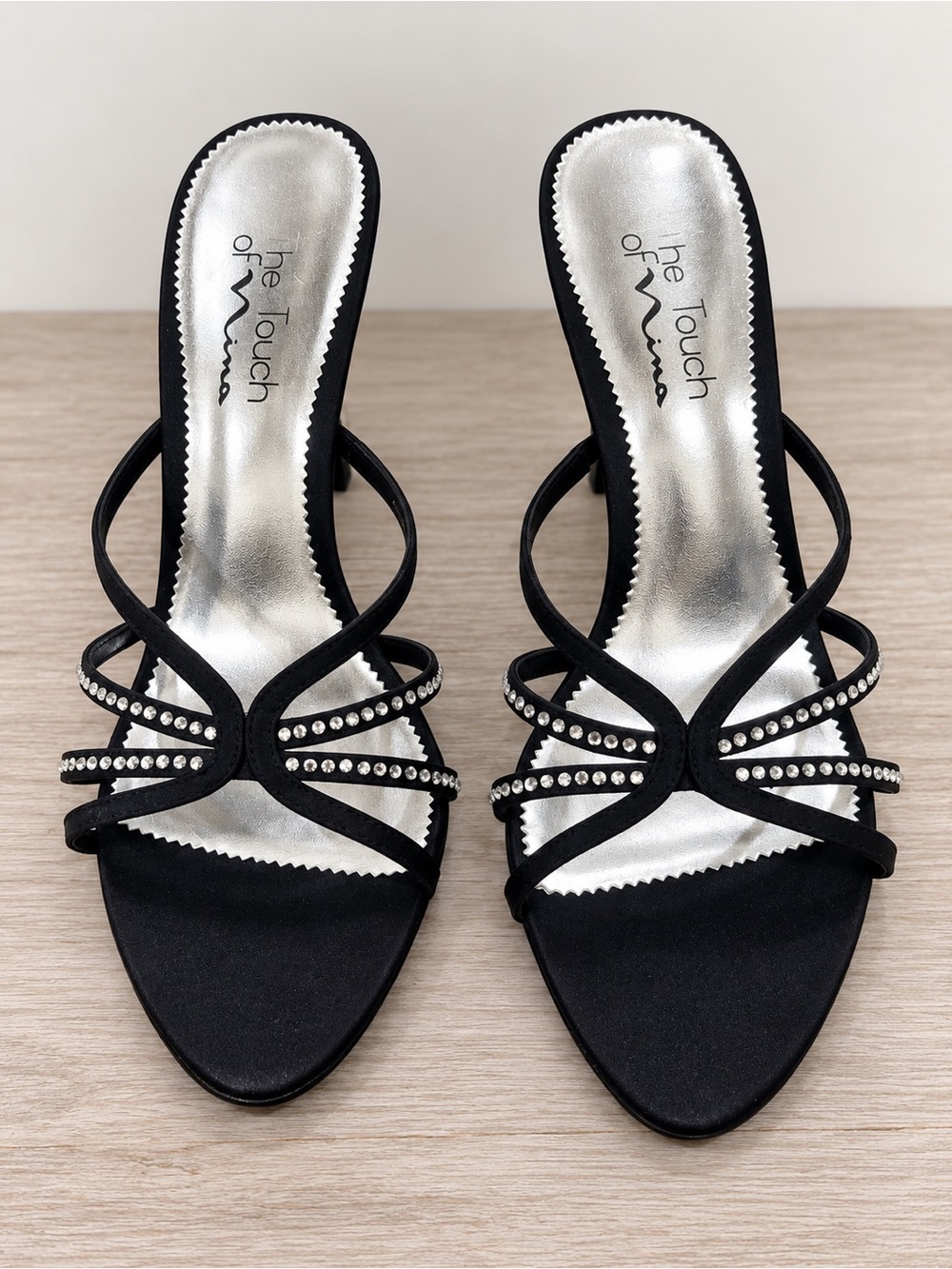 The Touch of Nina Black Satin Rhinestone Strappy Stiletto Heels Women’s 8.5